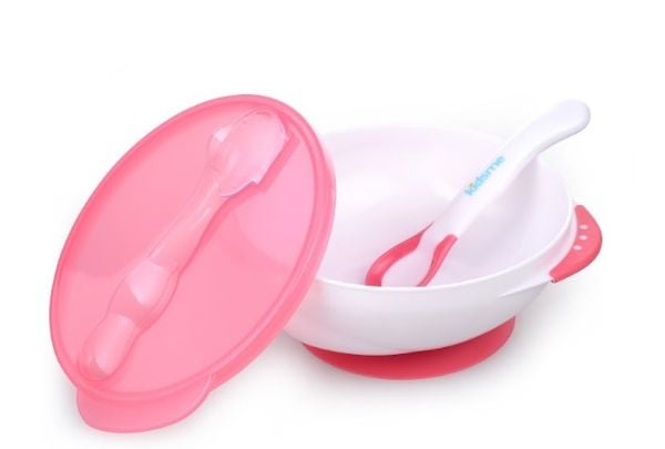 Bộ tô chống trượt ( kèm muỗng báo nhiệt) kidsme- Màu hồng , 9832