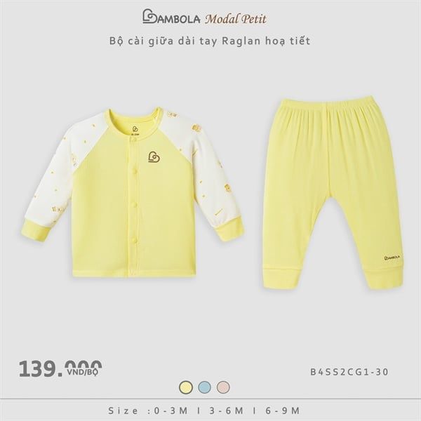 Bộ cài giữa dài tay Bambola Raglan hoạ tiết - Vàng - B4SS2CG1-30 - (3-6M) (Bộ)