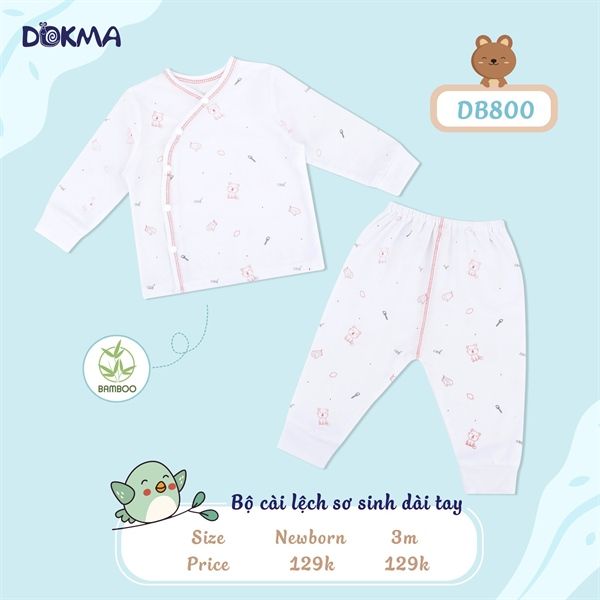 Bộ sơ sinh dài tay cài lệch DB800 Dokma Trắng hồng size 3M
