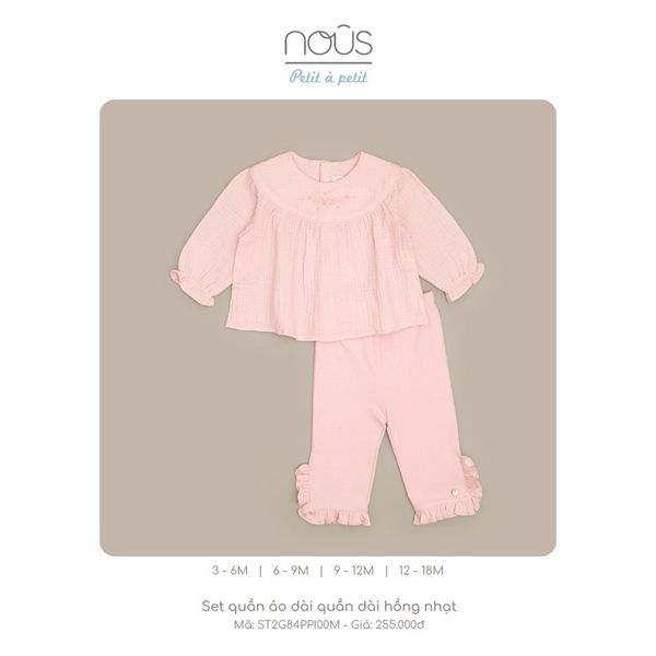 Bộ dài tay Nous hồng nhạt thêu hoa cổ Size 3-6M