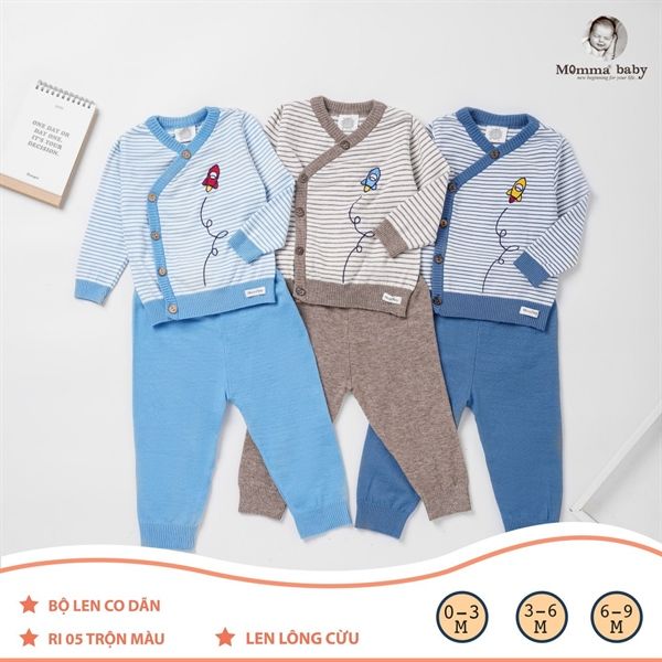 Bộ len lông cừu cài chéo - Xanh nhạt - Size 3-6M