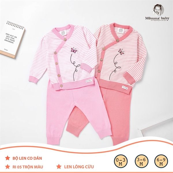 Bộ len lông cừu cài chéo - hồng nhạt - Size 0-3M