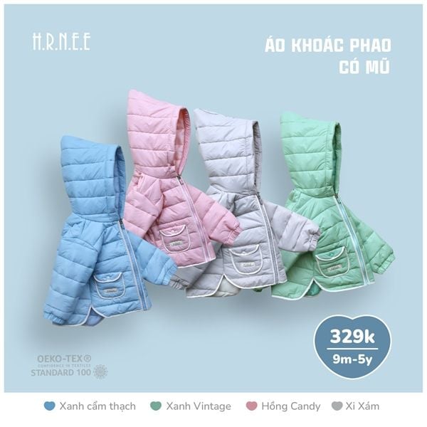 Áo khoác phao có mũ Hrnee Xanh dương Size 2-3Y