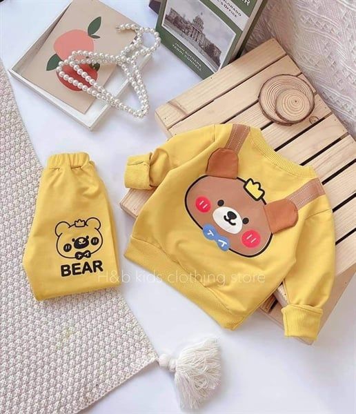 Bộ nỉ dài tay tai thú - Vàng - Size 5