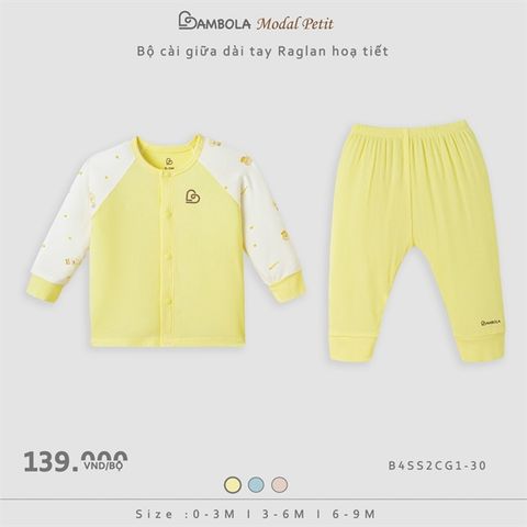 Bộ cài giữa dài tay Bambola Raglan hoạ tiết - Vàng - B4SS2CG1-30 - (0-3M) (Bộ)