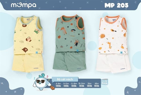 Bộ sát nách 611/205/203 Mompa Xanh (3-6M)