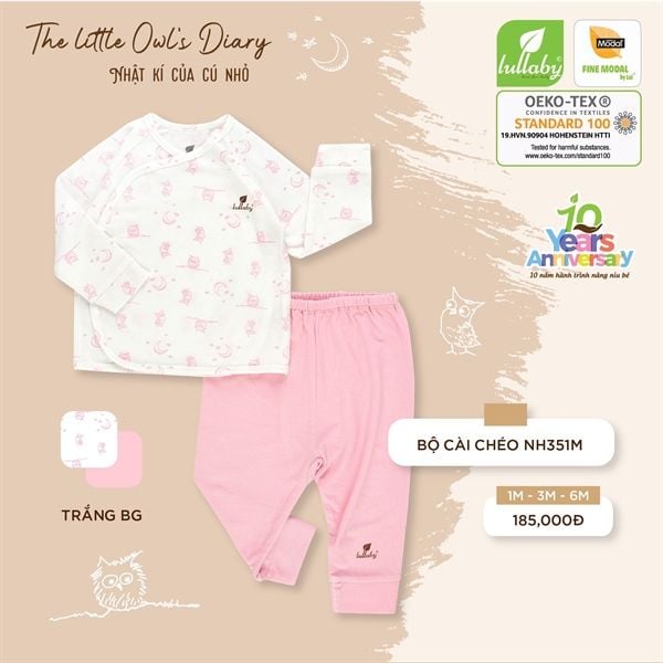 Bộ sơ sinh cài chéo Lullaby NH352M - trắng hồng