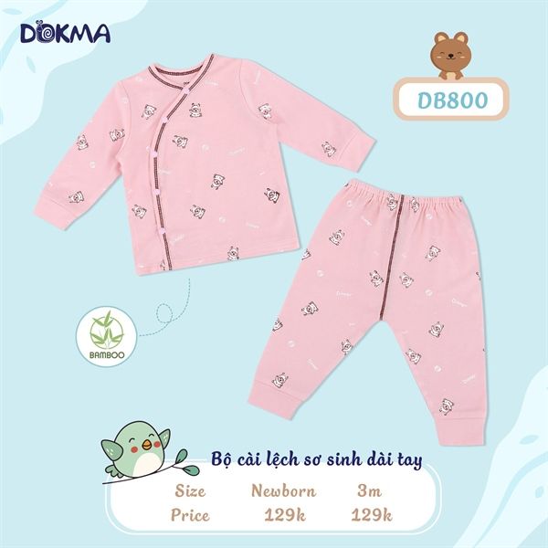 Bộ sơ sinh dài tay cài lệch DB800 Dokma Hồng size 3M