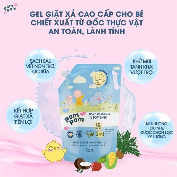 Nước giặt xả Pom pom Newborn, Active cho bé