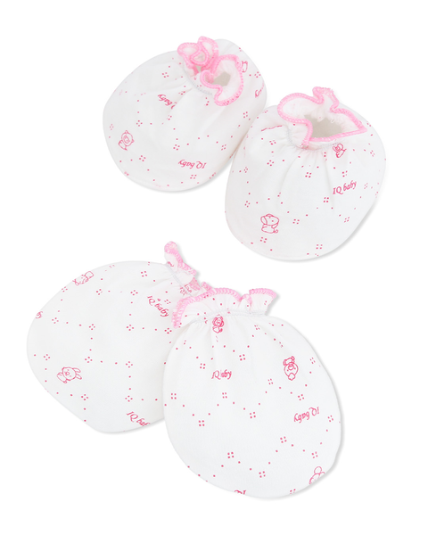 Bộ bao tay, bao chân in thú, viền hồng IQ Baby màu trắng (0 - 3 tháng)