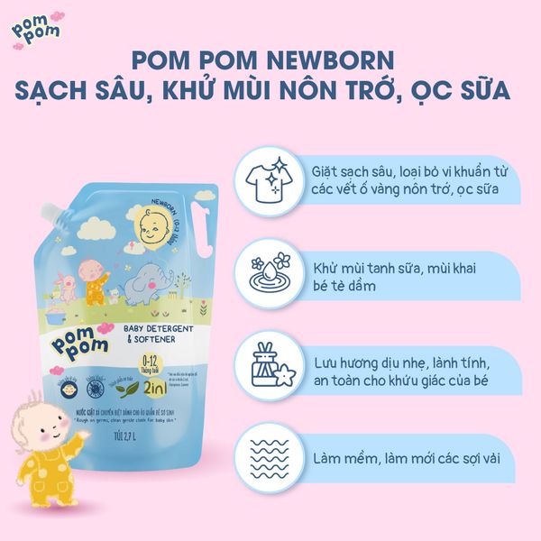 Nước giặt xả Pom pom Newborn, Active cho bé