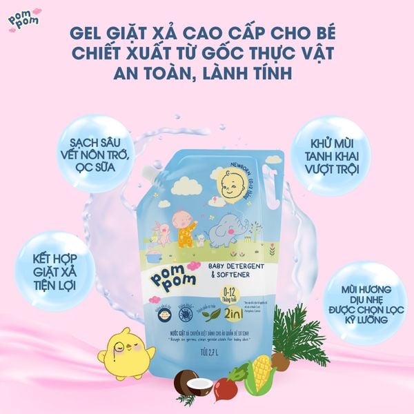 Nước giặt xả Pom pom Newborn, Active cho bé