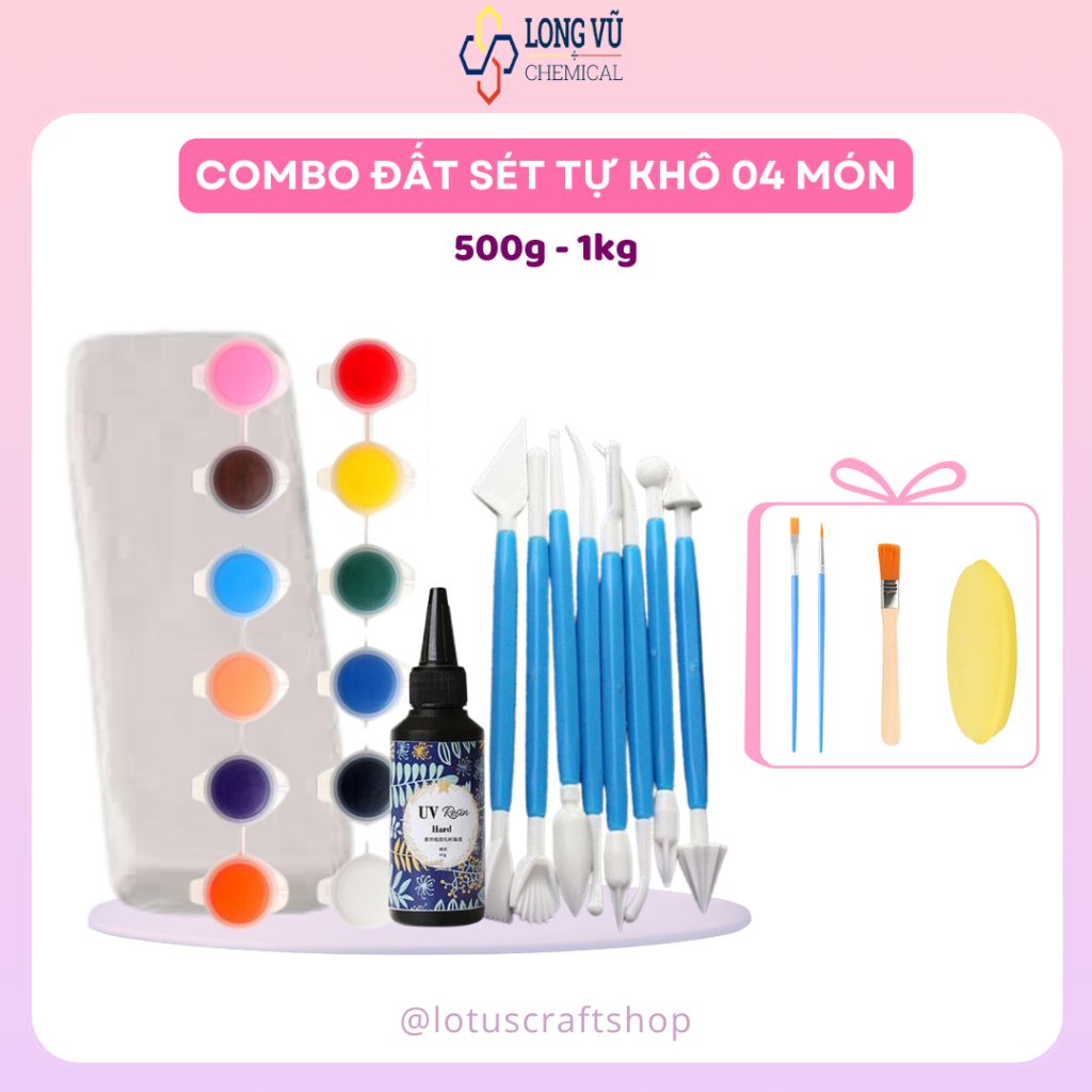 Combo Đất Sét Tự Khô 4 Món, Set Đất Sét Tự Khô Đầy Đủ Dụng Cụ - Clay Craft Box