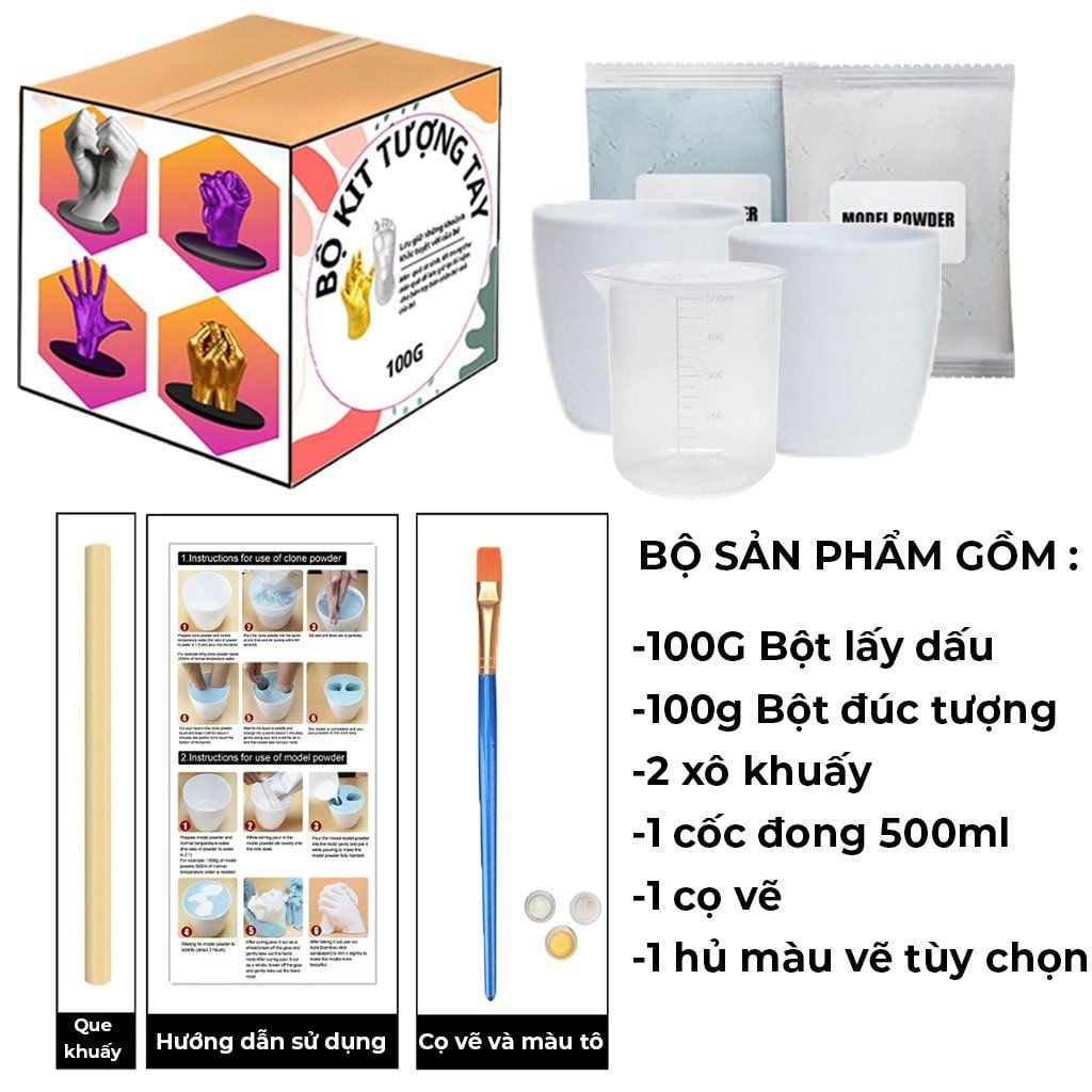 Bộ dụng cụ đúc tượng tay, Bộ dụng cụ DIY cho người lớn và trẻ em, Bộ dụng cụ đúc tượng tay thạch cao ( Bộ Kit 100g )