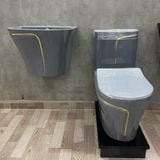 Chậu Lavabo Treo Liền Chân Ghi Viền Vàng CH_GT1