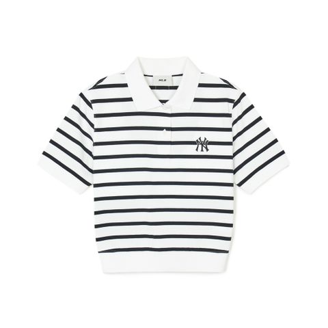 Áo Croptop MLB Korea Women_s Varsity Striped Collar T-Shirt New York Yankees Ivory 3FPQV0143-50IVS