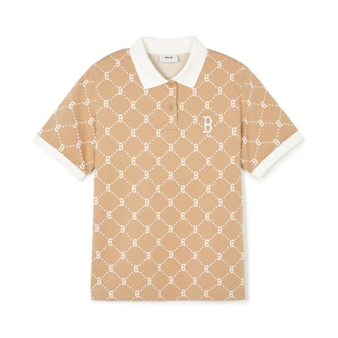 Áo Polo MLB Korea Women_s Diamond Monogram Jacquard Collar T-Shirt Boston Red Sox Camel 3FPQM0243-43CAL