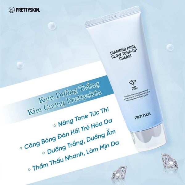 KEM DƯỠNG KIM CƯƠNG TRẮNG DA NÂNG TONE MẶT VÀ BODY PRETTY SKIN DIAMOND PURE GLOW TONE UP CREAM 100ML [MUA 1 TONER TẶNG 1 SERUM VITAMIN C QUÝT XANH BERGAMO 10ML]