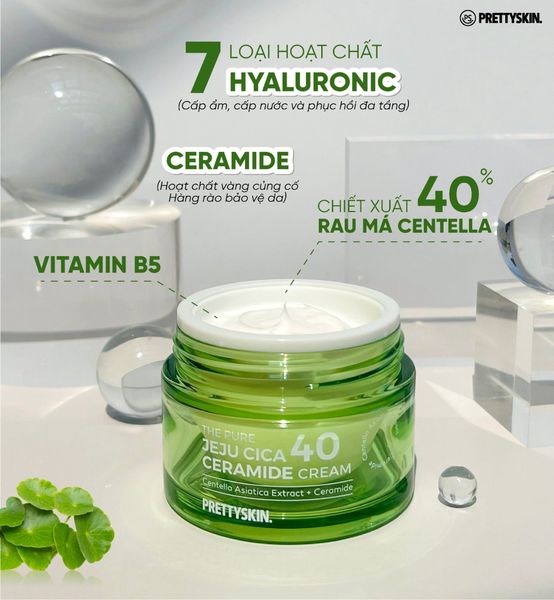 KEM DƯỠNG TRẮNG DA RAU MÁ PRETTY SKIN THE PURE JEJU CICA 40 CERAMIDE CREAM 52ML [MUA 1 KEM DƯỠNG TẶNG 1 SERUM VITAMIN C QUÝT XANH BERGAMO 10ML