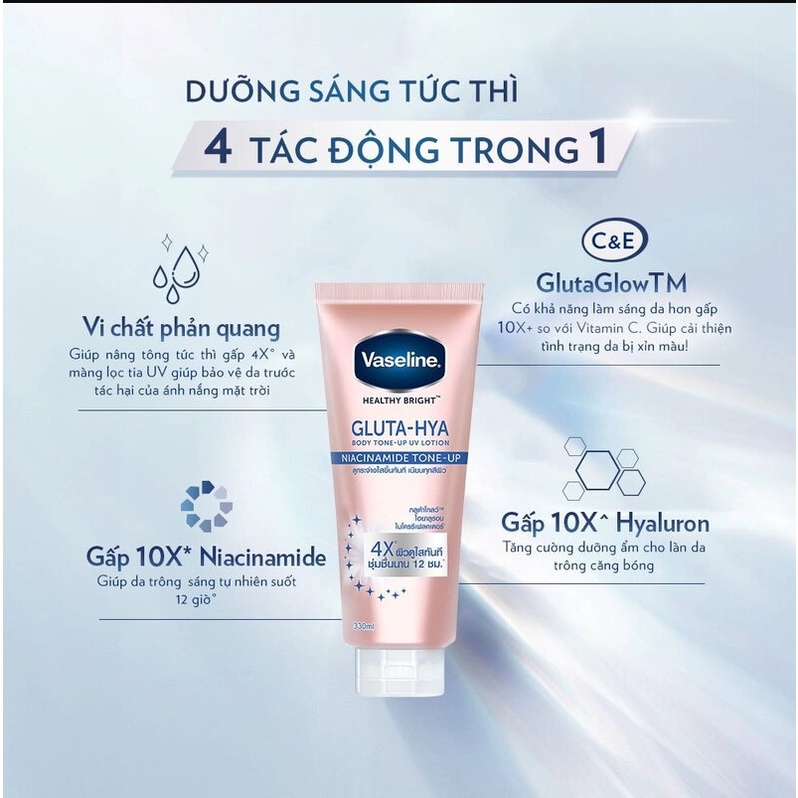 Dưỡng thể Vaseline 4X Healthy Bright Gluta-Hya Body Tone Up UV Lotion – DN  Cosmetics | #1 Mỹ Phẩm chính hãng chất lượng số 1 Đà Nẵng