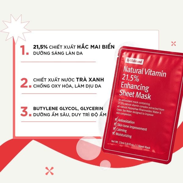MẶT NẠ DƯỠNG ẨM LÀM SÁNG DA BY WISHTREND NATURAL VITAMIN 21.5% ENHANCING SHEET MASK 23ML