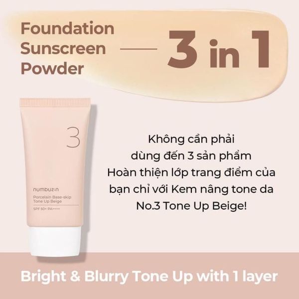 KEM CHỐNG NẮNG NÂNG TONE NUMBUZIN NO.3 PORXELAIN BASE - SKIP TONE UP BEIGE SPF50 50ML