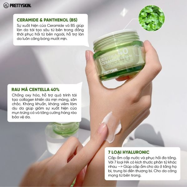 KEM DƯỠNG TRẮNG DA RAU MÁ PRETTY SKIN THE PURE JEJU CICA 40 CERAMIDE CREAM 52ML
