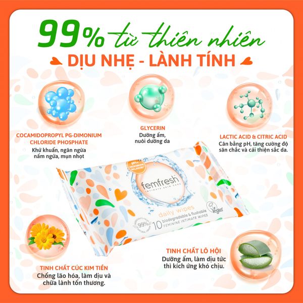 KHĂN ƯỚT VỆ SINH VÙNG KÍN CAO CẤP HÀNG NGÀY FEMFRESH INTIMATE SKINCARE DAILY WIPES 10 TỜ