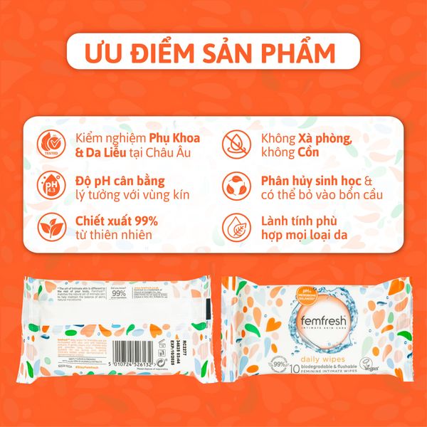 KHĂN ƯỚT VỆ SINH VÙNG KÍN CAO CẤP HÀNG NGÀY FEMFRESH INTIMATE SKINCARE DAILY WIPES 10 TỜ