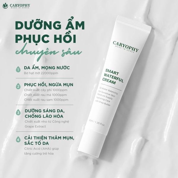 KEM DƯỠNG ẨM, CẤP NƯỚC VÀ HỖ TRỢ PHỤC HỒI CHO DA MỤN CARYOPHY SMART WATERFUL CREAM 40ML