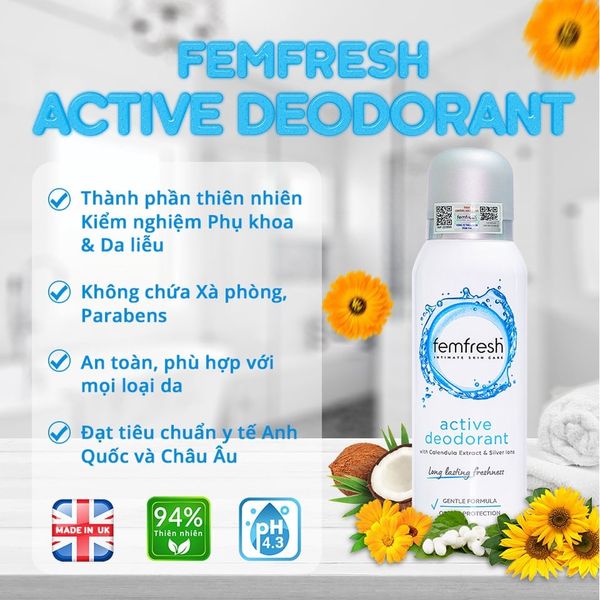 XỊT THƠM MÁT VÙNG KÍN CAO CẤP FEMFRESH INTIMATE SKIN CARE ACTIVE ĐEOORANT 125ML