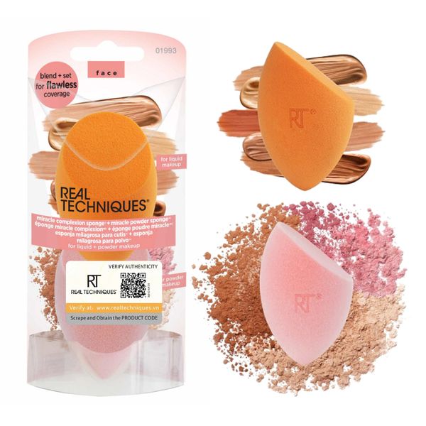 SET 2 BÔNG MÚT TÁN NỀN REAL TECHNIQUES MIRACLE COMPLEXION ICONIC BLEND + SET SPONGE DUO MÀU HỒNG CAM