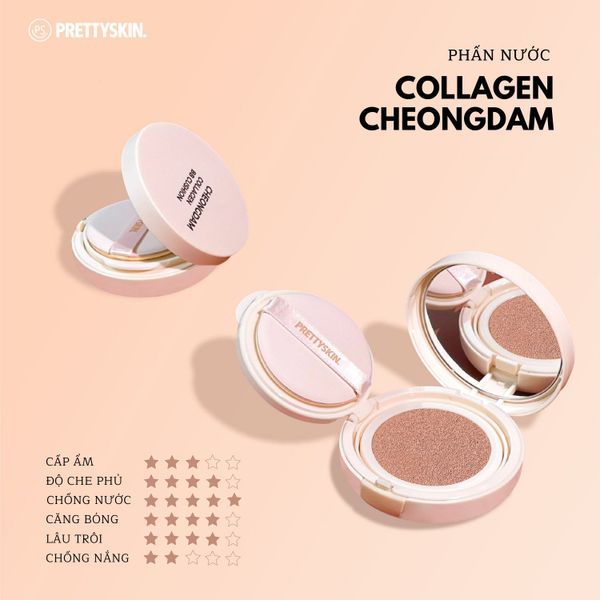 PHẤN NƯỚC PRETTY SKIN CHEONGDAM COLLAGEN BB CUSHION 2 LÕI MÀU VÀNG [MUA 1 PHẤN NƯỚC TẶNG 1 SERUM VITAMIN C QUÝT XANH BERGAMO 10ML]