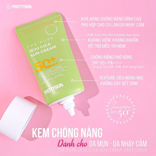 KEM CHỐNG NẮNG RAU MÁ PRETTY SKIN THE PURE JEJU CICA SUN CREAM 50ML  [MUA 1 KCN TẶNG 1 MẶT NẠ OHESI 25K]