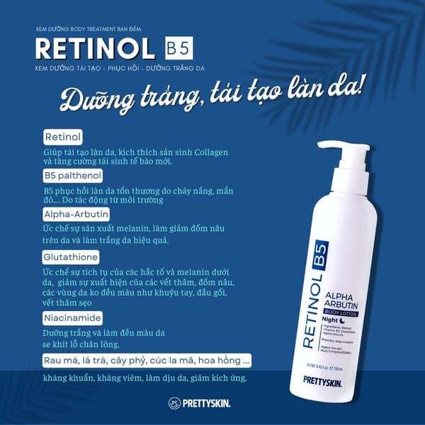 KEM DƯỠNG TRẮNG DA BODY PRETTY SKIN RETINOL BODY LOTION 250ML [MUA 1 KEM DƯỠNG TẶNG 1 SERUM VITAMIN C QUÝT XANH BERGAMO 10ML]