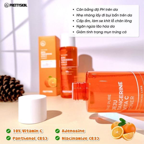 NƯỚC HOA HỒNG DƯỠNG TRẮNG HỖ TRỢ PHỤC HỒI DA PRETTY SKIN THE PURE JEJU TANGERINE VITA C TONER 250ML[MUA 1 TONER TẶNG 1 SERUM VITAMIN C QUÝT XANH BERGAMO 10ML]