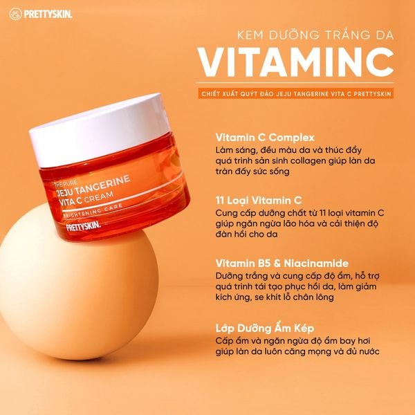 KEM DƯỠNG TRẮNG DA PRETTY SKIN THE PURE JEJU TANGERINE VITA C CREAM 52ML[MUA 1 KEM DƯỠNG TẶNG 1 SERUM VITAMIN C QUÝT XANH BERGAMO 10ML]