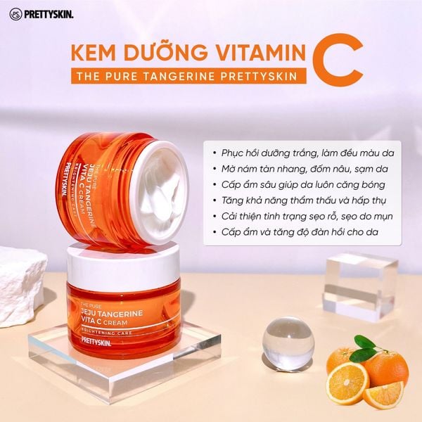 KEM DƯỠNG TRẮNG DA PRETTY SKIN THE PURE JEJU TANGERINE VITA C CREAM 52ML[MUA 1 KEM DƯỠNG TẶNG 1 SERUM VITAMIN C QUÝT XANH BERGAMO 10ML]