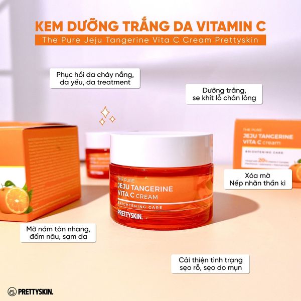 KEM DƯỠNG TRẮNG DA PRETTY SKIN THE PURE JEJU TANGERINE VITA C CREAM 52ML[MUA 1 KEM DƯỠNG TẶNG 1 SERUM VITAMIN C QUÝT XANH BERGAMO 10ML]