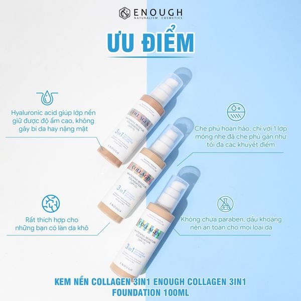 KEM NỀN COLLAGEN 3IN1 ENOUGH COLLAGEN 3IN1 FOUNDATION 100ML (TẶNG 1 MÚT TRANG ĐIỂM JARY)
