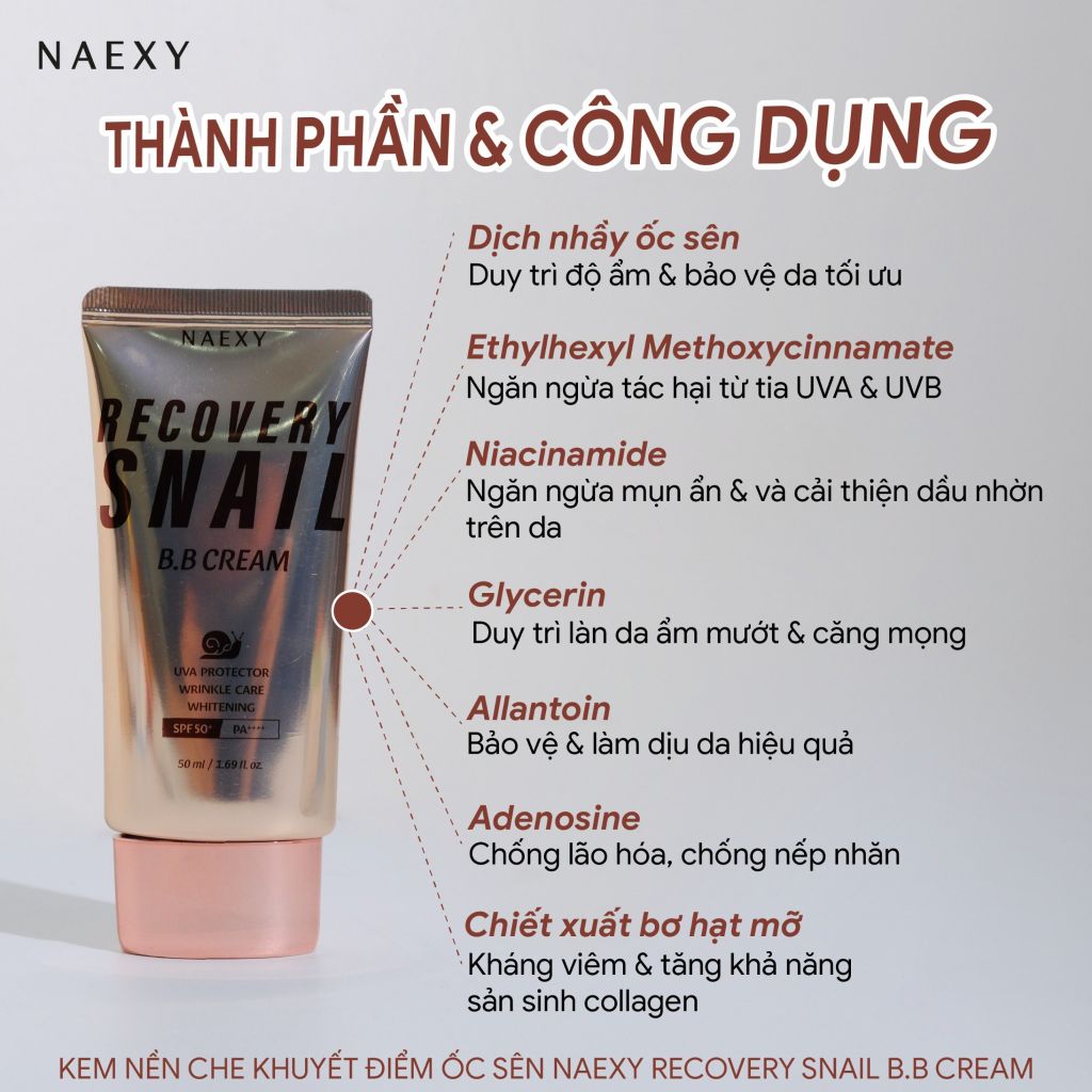 KEM NỀN CHE KHUYẾT ĐIỂM ỐC SÊN NAEXY RECOVERY SNAIL B.B CREAM 50ML DN
