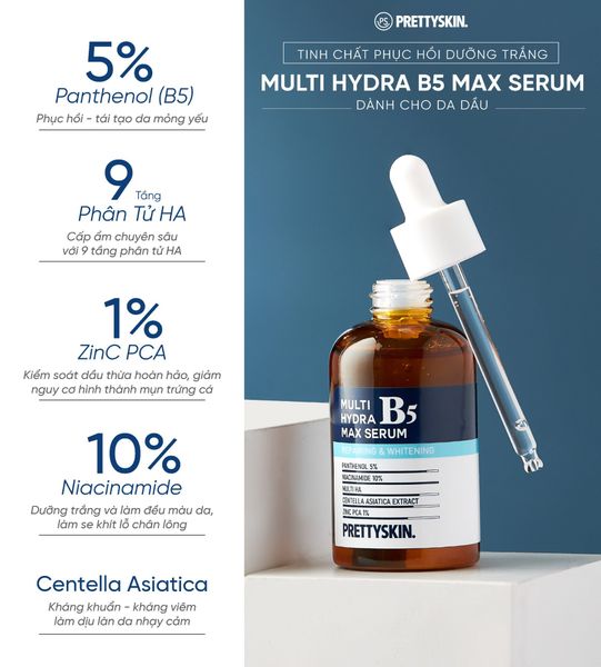 SERUM HỖ TRỢ PHỤC HỒI DƯỠNG TRẮNG MULTI HYDRA MAX B5 PRETTY SKIN DÀNH CHO DA DẦU 50ML [MUA 1 SERUM TẶNG 1 SERUM VITAMIN C QUÝT XANH BERGAMO 10ML]