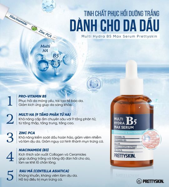 SERUM PHỤC HỒI DƯỠNG TRẮNG MULTI HYDRA MAX B5 PRETTY SKIN DÀNH CHO DA DẦU 50ML