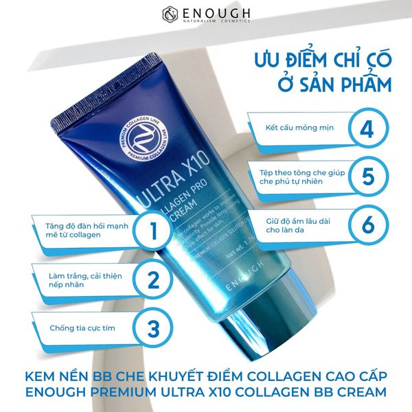 KEM NỀN BB CHE KHUYẾT ĐIỂM COLLAGEN CAO CẤP ENOUGH PREMIUM ULTRA X10 COLLAGEN BB CREAM 50G - MÀU XANH