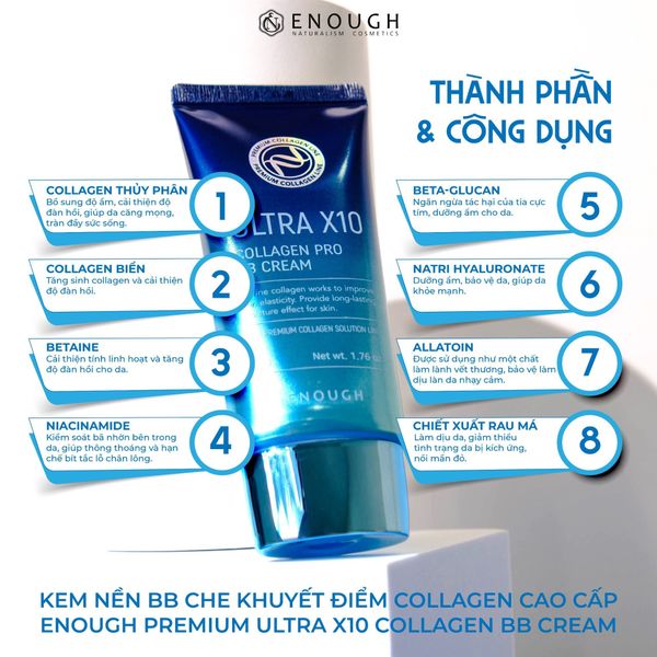 KEM NỀN BB CHE KHUYẾT ĐIỂM COLLAGEN CAO CẤP ENOUGH PREMIUM ULTRA X10 COLLAGEN BB CREAM 50G- MÀU XANH