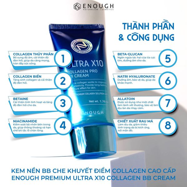 KEM NỀN BB CHE KHUYẾT ĐIỂM COLLAGEN CAO CẤP ENOUGH PREMIUM ULTRA X10 COLLAGEN BB CREAM 50G - MÀU XANH