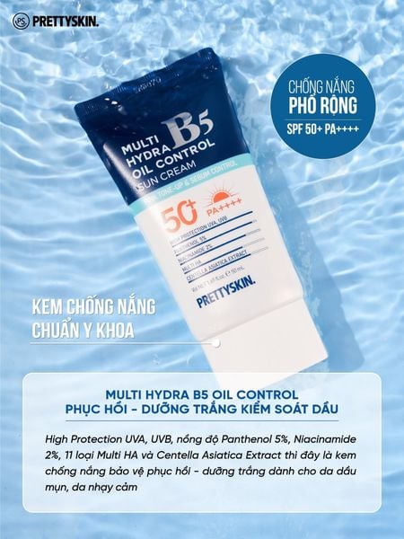 KEM CHỐNG NẮNG PHỤC HỒI PRETTY SKIN MULTI HYDRA B5 OIL CONTROL SUN CREAM DÀNH CHO DA DẦU 50ML [MUA 1 KEM CHỐNG NẮNG TẶNG 1 SERUM QUÝT XANH 10ML]