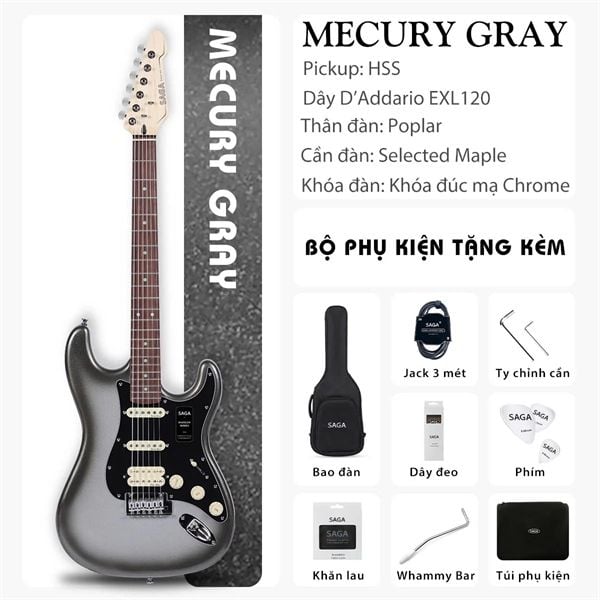  Guitar điện Saga HSS Mercury Gray 