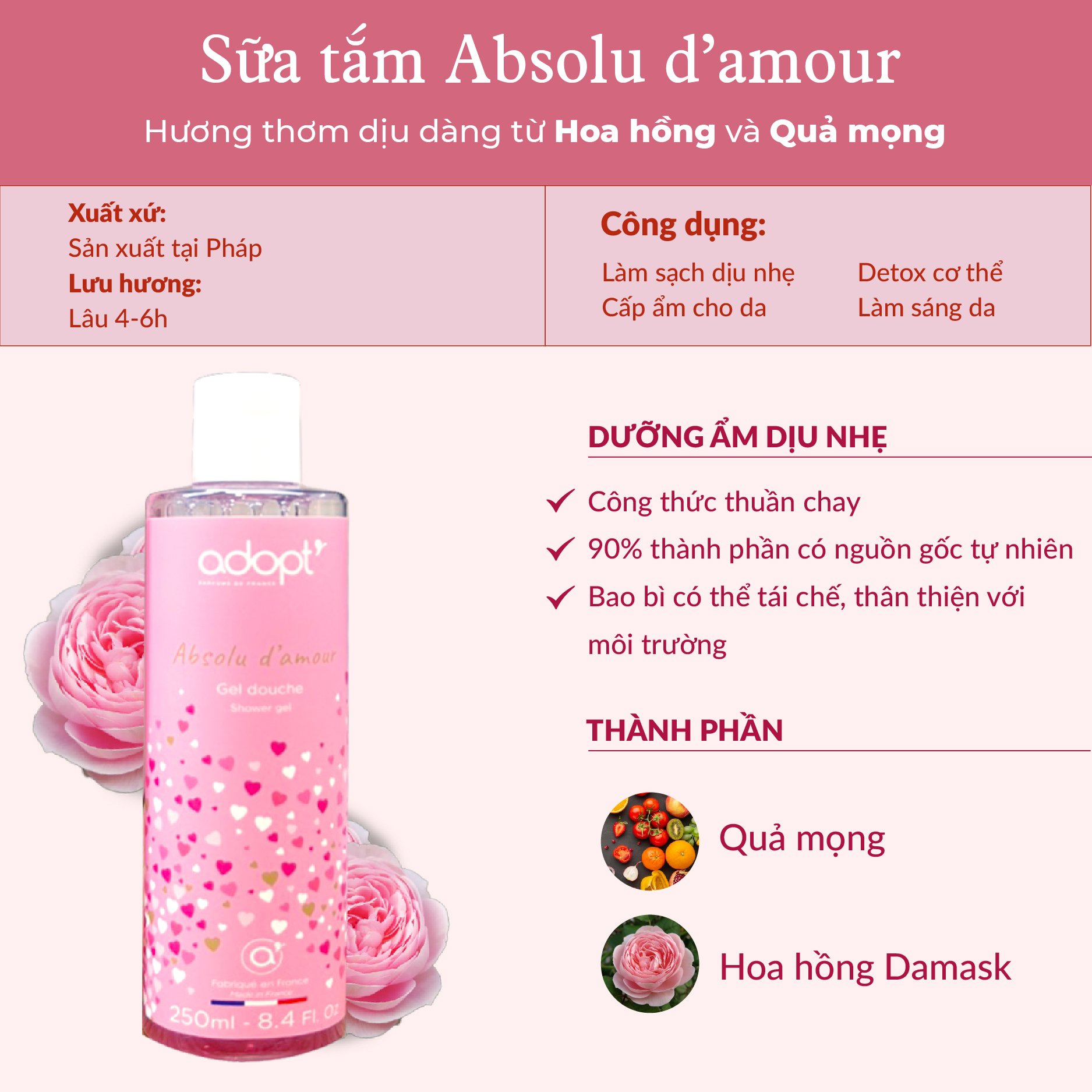 Sữa Tắm Nước hoa Adopt Absolu D'amour Chính Hãng Pháp 250 ml - Sữa tắm trắng da dưỡng ẩm