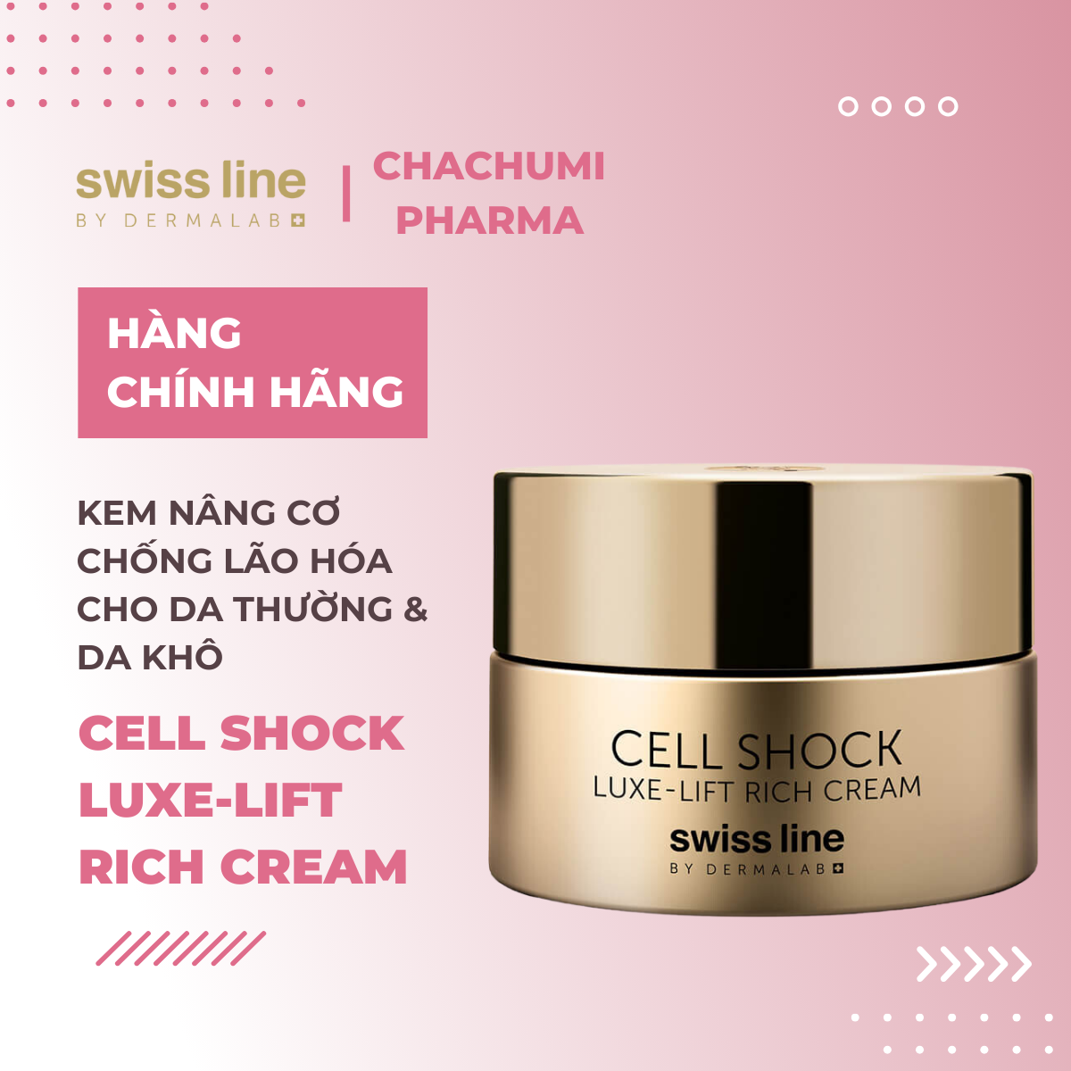 Swissline Cell Shock Luxe-Lift Rich Cream - Kem tinh chất Vàng, giàu dinh dưỡng, trẻ hóa và nâng cơ toàn diện (da thường, da khô)
